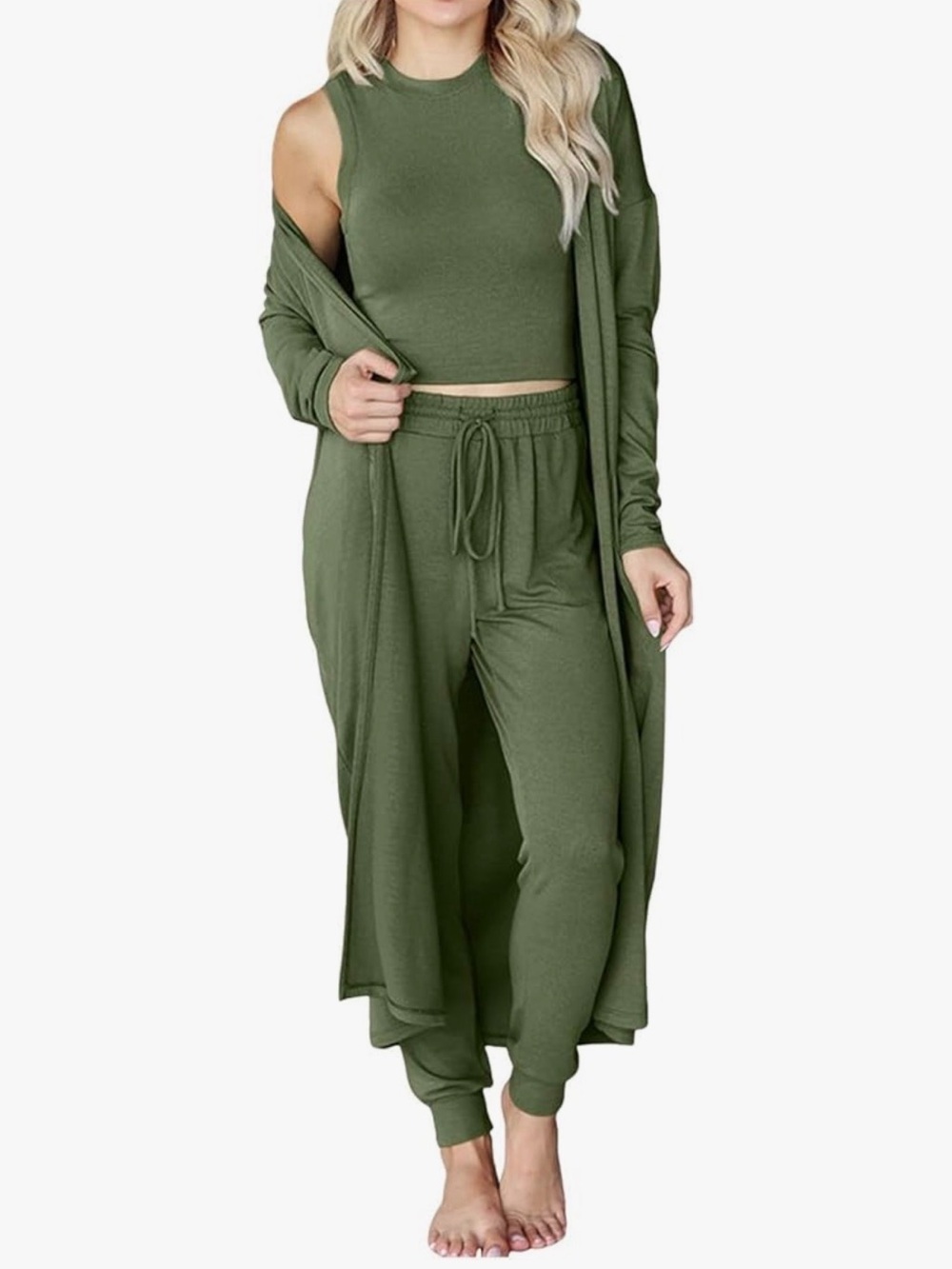 Olive Green Long Cardigan & Knit Set - Women